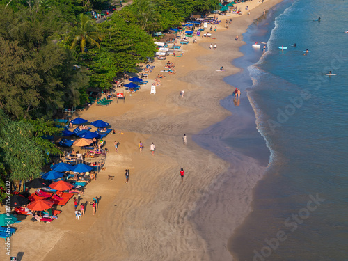 Aerial view of Weligama Beach with surfers riding the waves, Sri Lanka