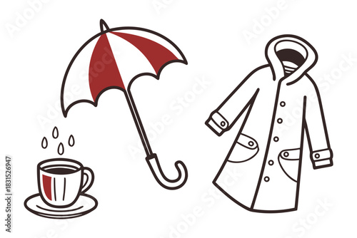 Umbrella and Raincoat with Coffee Cup and Raindrops Doodle Art saucer