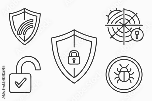 Cybersecurity Icons Shield Unlock Bug Target and Wi Fi padlock