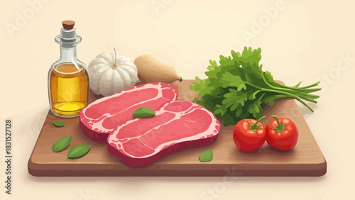 Vector illustration of raw steak preparation on a wooden cutting board, accompanied by olive oil bottles, fresh tomatoes, celery, and a knife.