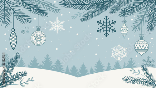 Vector christmas winter scene with snow covered ground, evergreen trees, snowflakes and christmas ornaments hanging down