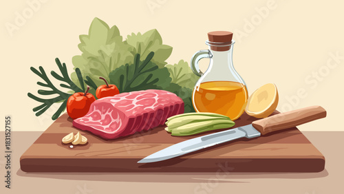 Vector illustration of raw steak preparation on a wooden cutting board, accompanied by olive oil bottles, fresh tomatoes, celery, and a knife.