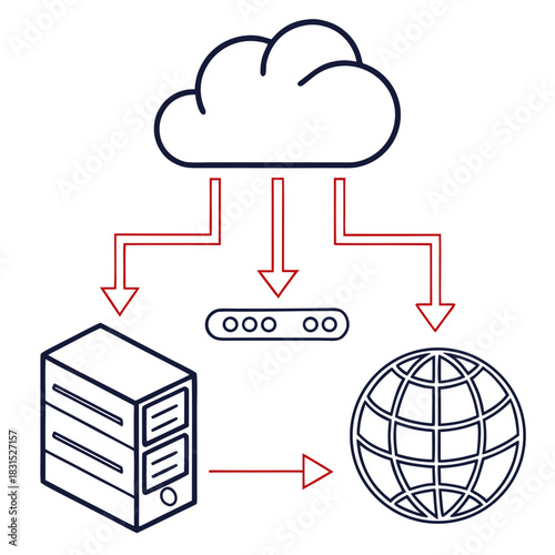 Cloud server and globe connected by red arrows in isometric view internet network