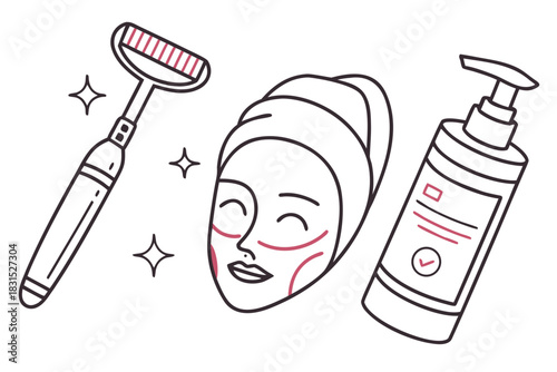 Skincare Routine Icons Face Roller Lotion and Face Mask beauty gua sha