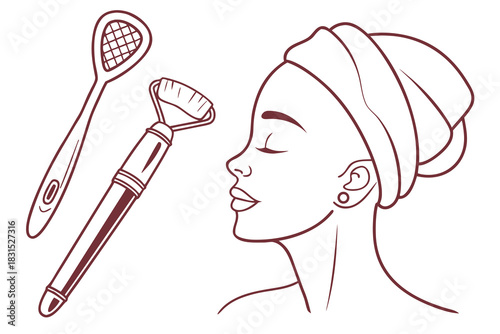 Woman with Towel Face Roller and Tongue Scraper Line Art beauty skincare