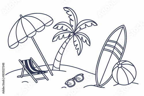 Beach Scene Icons With Palm Tree Umbrella Surfboard and Beach Ball vacation summer