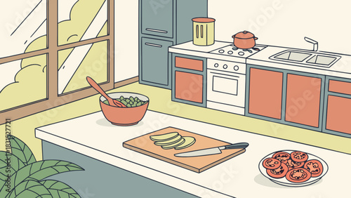 Illustrated kitchen interior scene with a modern counter, stove, oven, sink, cabinets, window, chopping board, knife, fresh sliced tomatoes, vegetables, and a bowl of green peas.