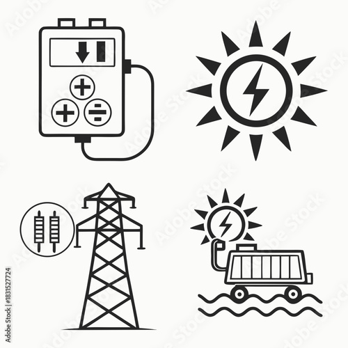 Icons representing renewable energy and electrical infrastructure systems Keywords: solar power