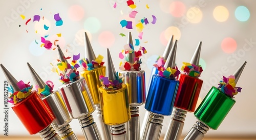 Vibrant Party Poppers with Flying Confetti and Bokeh Lights