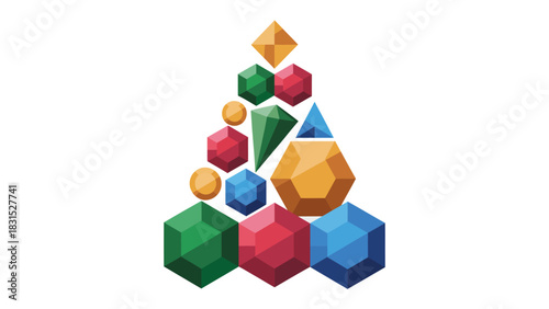 Geometric Christmas Tree: An innovative Christmas tree is constructed from an array of vividly colored, geometric gemstones. This evokes the holiday spirit.