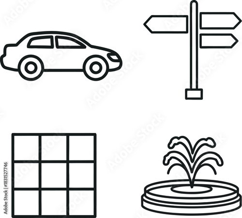 Car signpost grid and fountain vector icon set for navigation travel and urban exploration concepts