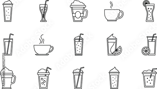 Collection of 15 various beverage vector icons featuring coffee, tea, juice, and soda drinks isolated on white background