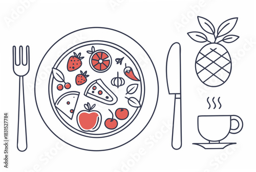 Delicious Food Plate With Pizza Slice And Fruit And Coffee Cup Keywords: food, plate, pizza, slice