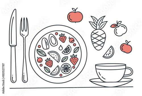 Healthy Food Plate With Fruit And Cutlery And Coffee Cup Keywords: healthy food, plate, food, fruit