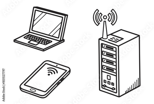 Isometric Laptop Smartphone And Computer Tower With Wifi Antenna Keywords: technology, computer