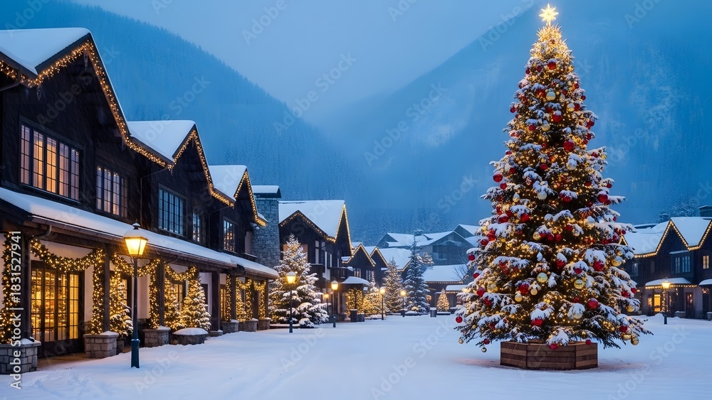 Fototapeta premium Festive illuminated christmas tree stands tall in a snowy village square surrounded by snowcovered chalet buildings at dusk or night in a mountain resort