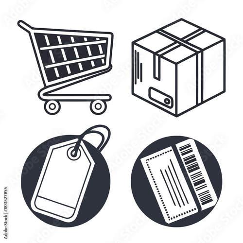 Shopping Icons With Cart Box Tag And Barcode Tickets Keywords: shopping, retail, commerce, cart