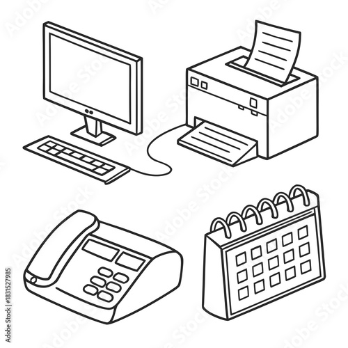 Office Icons Set With Computer Printer Phone And Calendar monitor keyboard