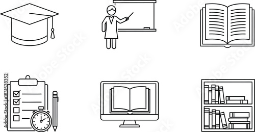 Education and learning vector icon set featuring school supplies and academic symbols for study and knowledge