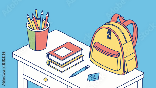 Isometric illustration of school supplies on a study table, featuring a yellow backpack, stacked books, colorful pencils in a holder, and a pen, perfect for academic and back to school concepts.