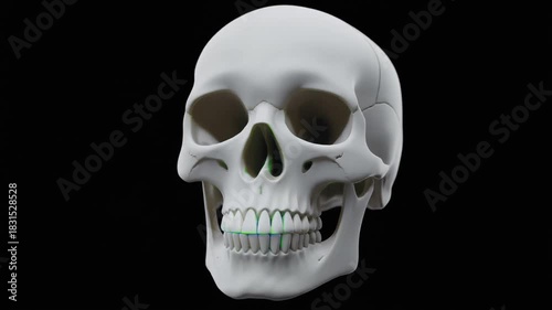 White anatomical skull model with green-tinted teeth on black background.
