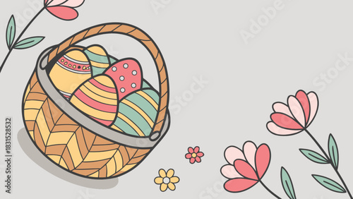 Easter vector art featuring a charming woven basket brimming with vibrant decorated eggs and delicate spring flowers, ideal for holiday greetings, celebration backgrounds, and seasonal designs.