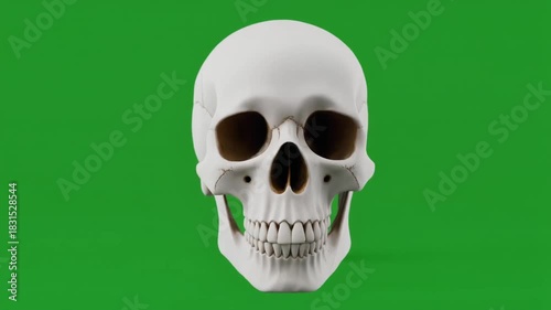 Frontal view of realistic white human skull on solid green background.