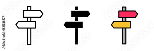 Road sign icon typically depicted as a triangular, rectangular, or circular signpost, symbolizing traffic instructions, warnings, or directions.