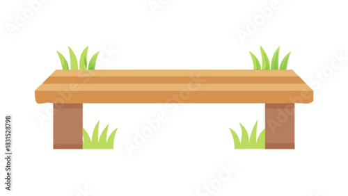 Simple flat design illustration of a rustic outdoor wooden bench or picnic table with vibrant green grass elements on a clean background, perfect for game assets or nature themes.