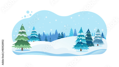 Stylized winter landscape illustration featuring a serene forest of snow-covered evergreen pine trees on gentle rolling hills with falling snowflakes under a clear blue sky.
