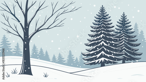 Winter landscape illustration with falling snow, bare trees, and evergreen pine forests covering snowy hills under a serene light blue sky, perfect for seasonal designs.