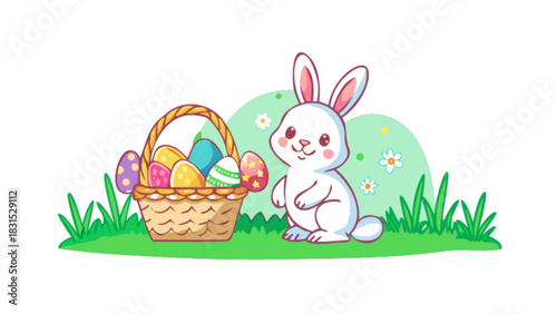 Cute cartoon easter bunny and colorful decorated eggs in a woven basket illustration, perfect for spring holiday greetings, cheerful children's content, and festive seasonal designs.