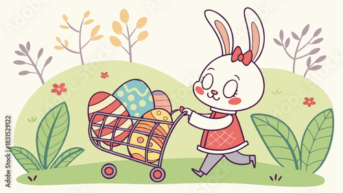 Adorable easter bunny with a red bow joyfully pushes a shopping cart full of colorful, patterned easter eggs across a vibrant green spring landscape, celebrating the holiday season.