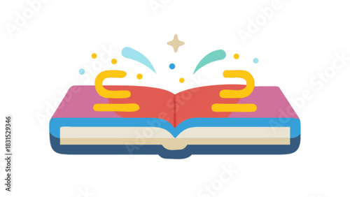 Open book with glowing pages and abstract splashes of creativity, representing knowledge, learning, wisdom, and the magic of education and discovery icon illustration