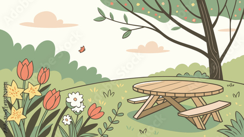 A serene spring park illustration with an empty wooden picnic table and benches on green grass, under a large tree, surrounded by blooming flowers and a butterfly, outdoor leisure.