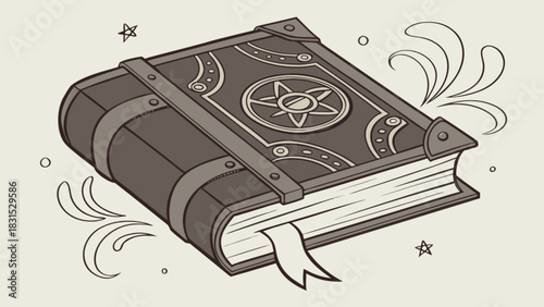 Ancient magical fantasy book with ornate cover, metal straps, corner guards, and a bookmark. retro-style illustration of a mysterious spellbook, knowledge, wisdom, and lore.