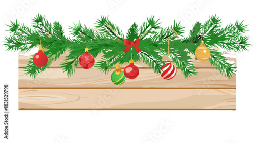 Christmas garland with colorful ornaments and a red bow on top of a rustic wooden plank sign, festive holiday decoration, vector illustration with copy space for text.
