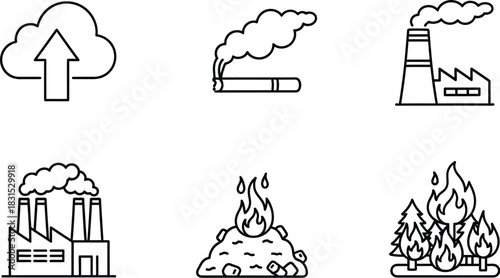 Outline vector icon set depicting environmental pollution industrial emissions and natural disaster themes