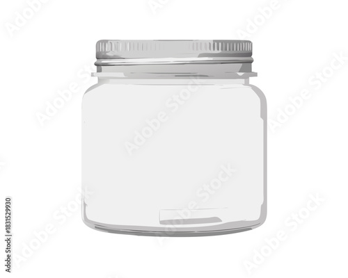 A single, empty, transparent glass jar with a blank label and cap is isolated on a clean white background