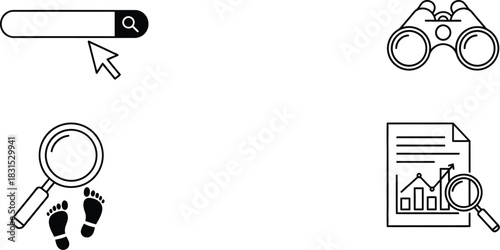 Outline vector icon set featuring binoculars document indent and zoom for user interface