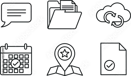 Outline vector icon set featuring chat folder cloud calendar location and document for web and application interfaces