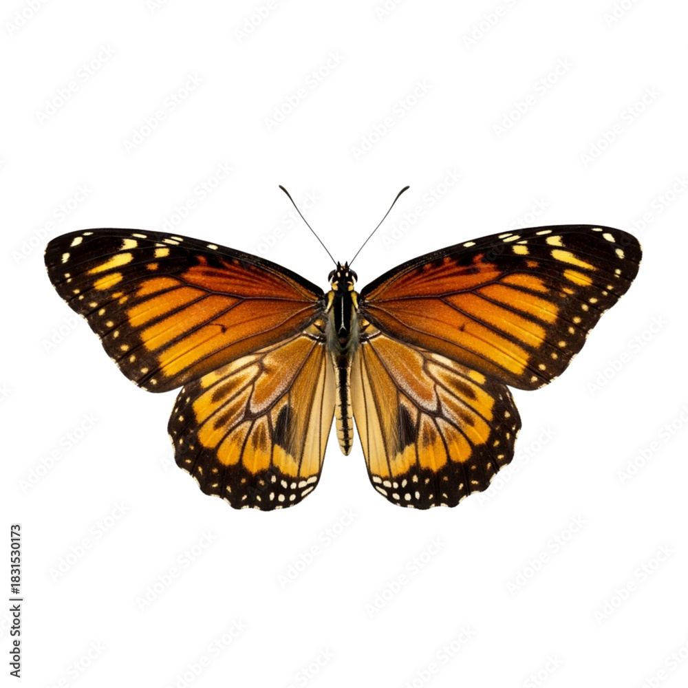 Fototapeta premium Vibrant Monarch Butterfly (Danaus plexippus) with Open Wings Isolated on Pure Black Background