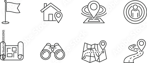 Set of 8 navigation icons vector line collection featuring map pins flag house and road for travel apps