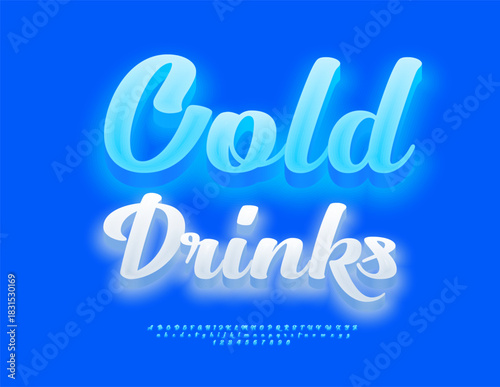 Vector Glowing Promotion Cold Drinks. Stylish Cursive Font. Blue Calligraphic Alphabet Letters and Numbers set.