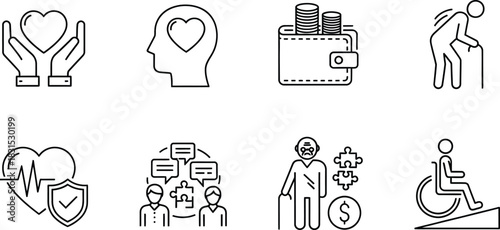 Set of 8 social welfare and healthcare outline vector icons for medical insurance and elderly care isolated on white background