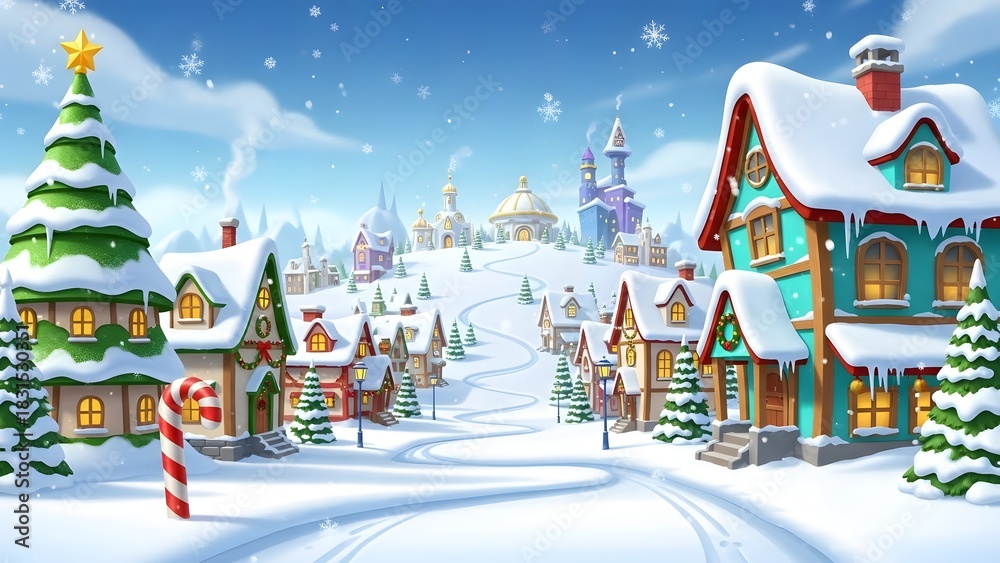 Fototapeta premium Charming cartoon christmas village scene with snowcovered houses, a decorated tree, and a candy cane on a bright winter day