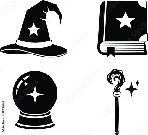 Set of four magic themed items vector icon collection including a wizard hat spellbook crystal ball and wand
