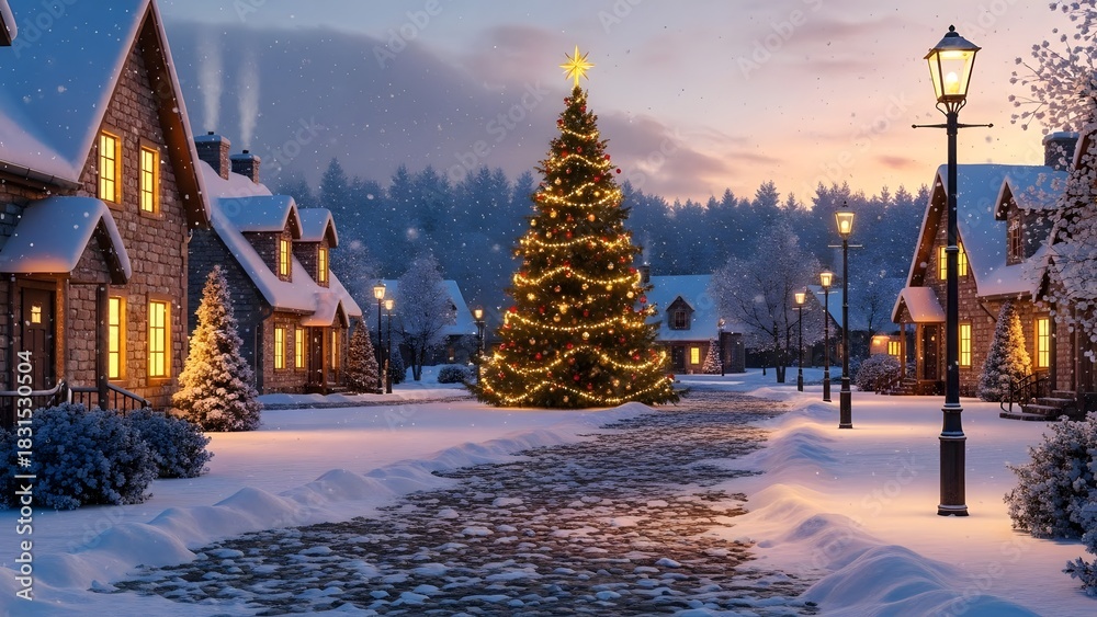 Fototapeta premium Cozy winter village scene at dusk with a brightly lit christmas tree in the center of a snowy street lined with illuminated houses
