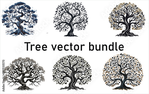 A diverse collection of black tree silhouettes, including pine and fir. Vector graphic set for nature and forest design.Tree silhouette vector set, forest tree clipart, pine and deciduous trees, black