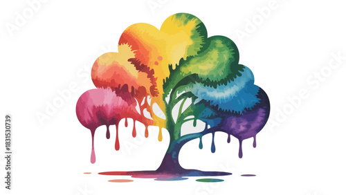 Rainbow Tree of Life: A vibrant watercolor illustration of a tree, its foliage rendered in a stunning spectrum of rainbow colors, symbolizing life, growth, and the beauty of diversity.